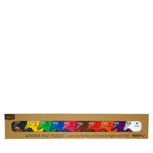 Wooden kiwi puzzle packaging with colorful kiwis on a white background